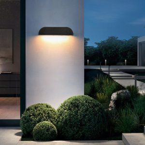 NOV380 Minimalist Semi-elliptical Metal/Stone Outdoor Wall Lamp, Black/White